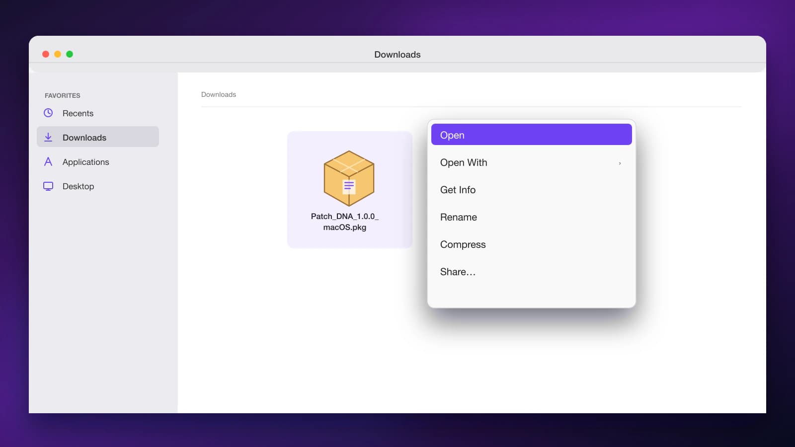 Finder context menu for the Patch DNA macOS package with Open selected