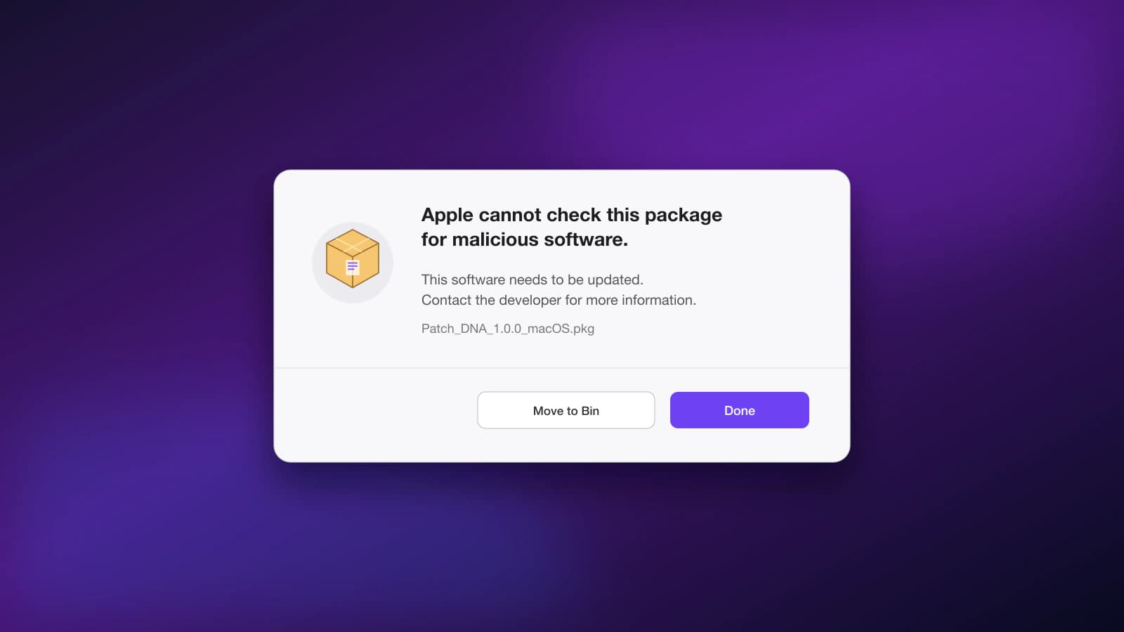 macOS Gatekeeper warning shown for the Patch DNA installer package