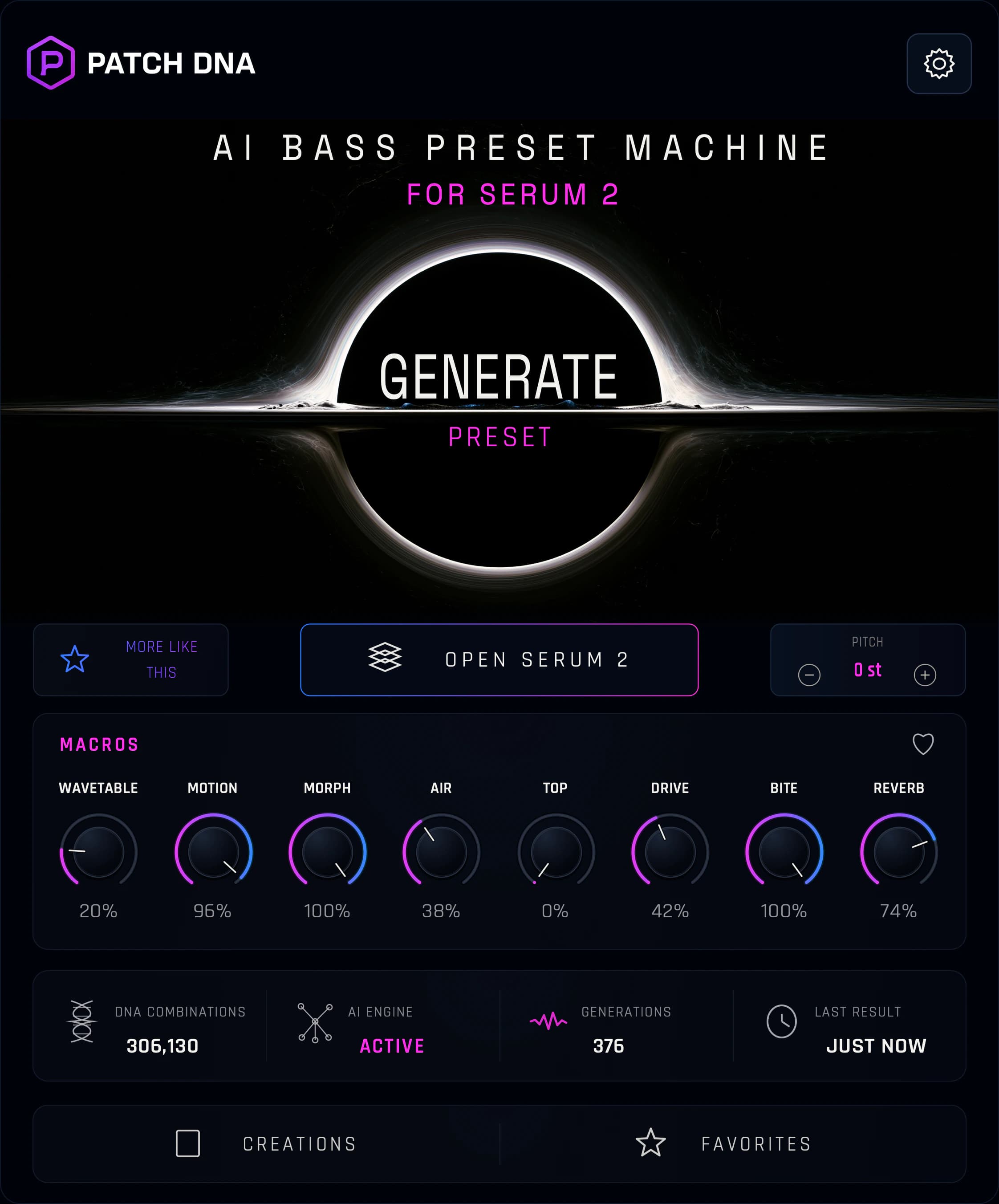 Patch DNA Serum 2 bass preset generator interface with eight macros