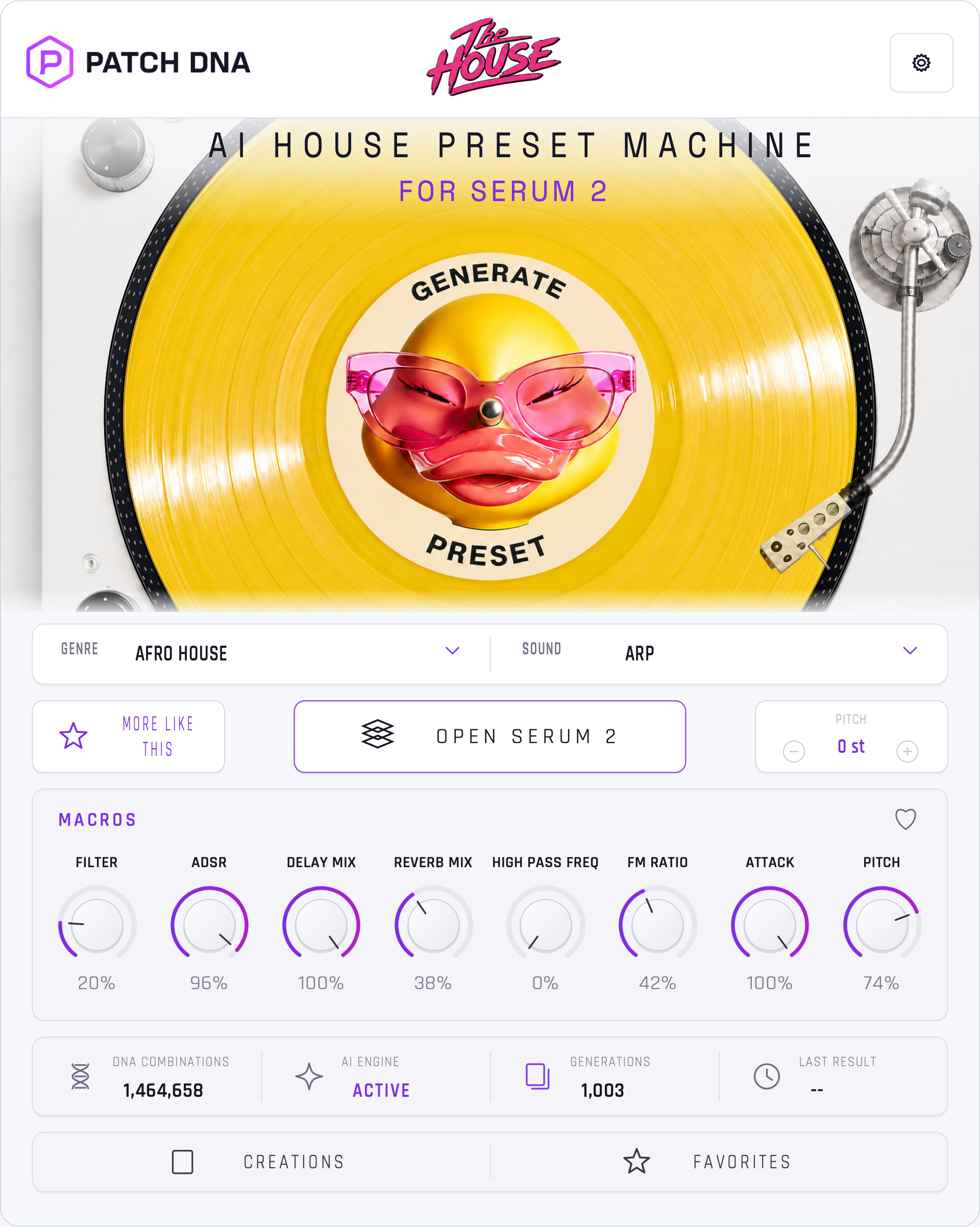 The House plugin with its pink logo, yellow vinyl, duck label, eight expanded macros, Pitch and Open Serum 2